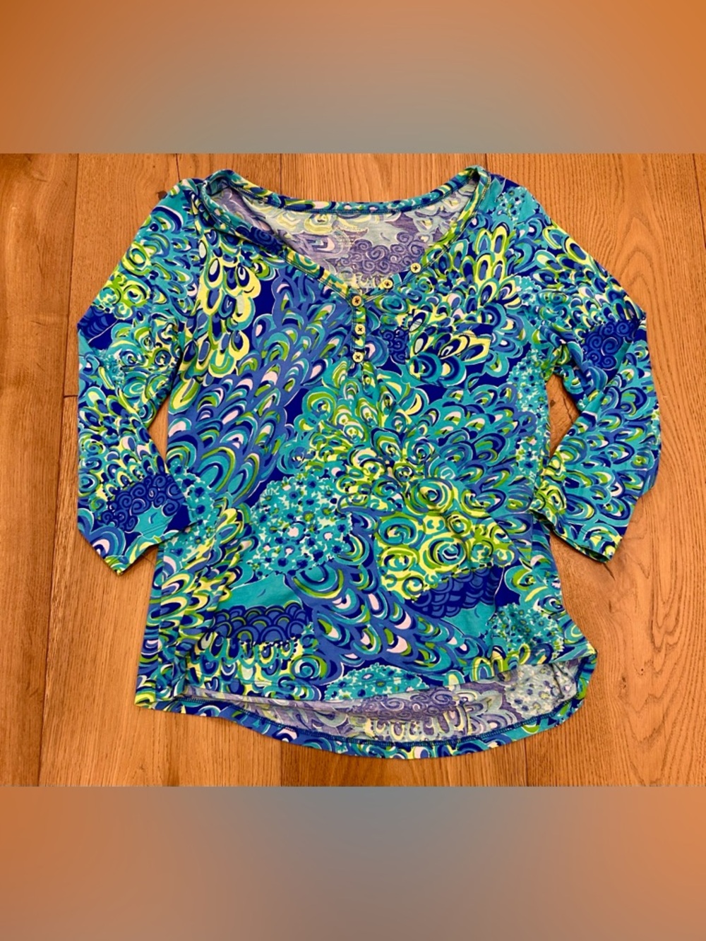 Lilly Pulitzer Blue & Green Printed Long Sleeve Henley Top